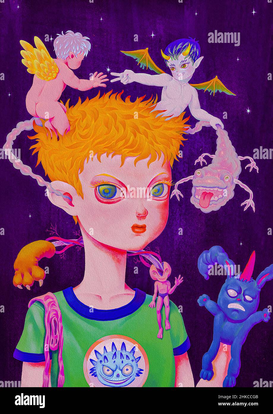 A magical boy with two demons and lots of mythical creature playing each other, dark pink sky background with sky digital art Stock Photo