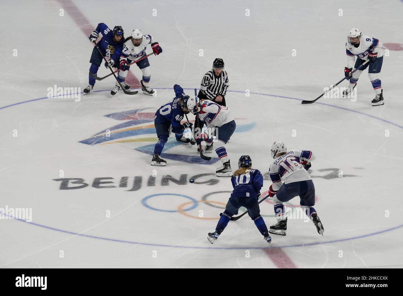 Beijing, China. 03rd Feb, 2022. USA's COMPHER Jesse Compher (18) and Finland's Noora Tulus (40) face off during their preliminary round Group A women's hockey match at the Wukesong Sports Center at the Beijing 2022 Winter Olympics on Thursday, February 3, 2022. Photo by Paul Hanna/UPI Credit: UPI/Alamy Live News Stock Photo