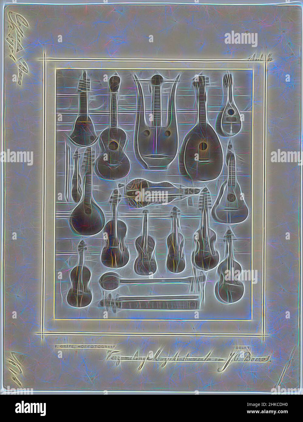 Inspired by Collection of musical instruments from the collection of the composer J.C. Boers: stringed instruments, Collection of Musical Instruments of J.C. Boers, Frederik Christiaan Filip Gräfe, Delft, 1863 - c. 1905, paper, height 208 mm × width 164 mmheight 320 mm × width 248 mm, Reimagined by Artotop. Classic art reinvented with a modern twist. Design of warm cheerful glowing of brightness and light ray radiance. Photography inspired by surrealism and futurism, embracing dynamic energy of modern technology, movement, speed and revolutionize culture Stock Photo