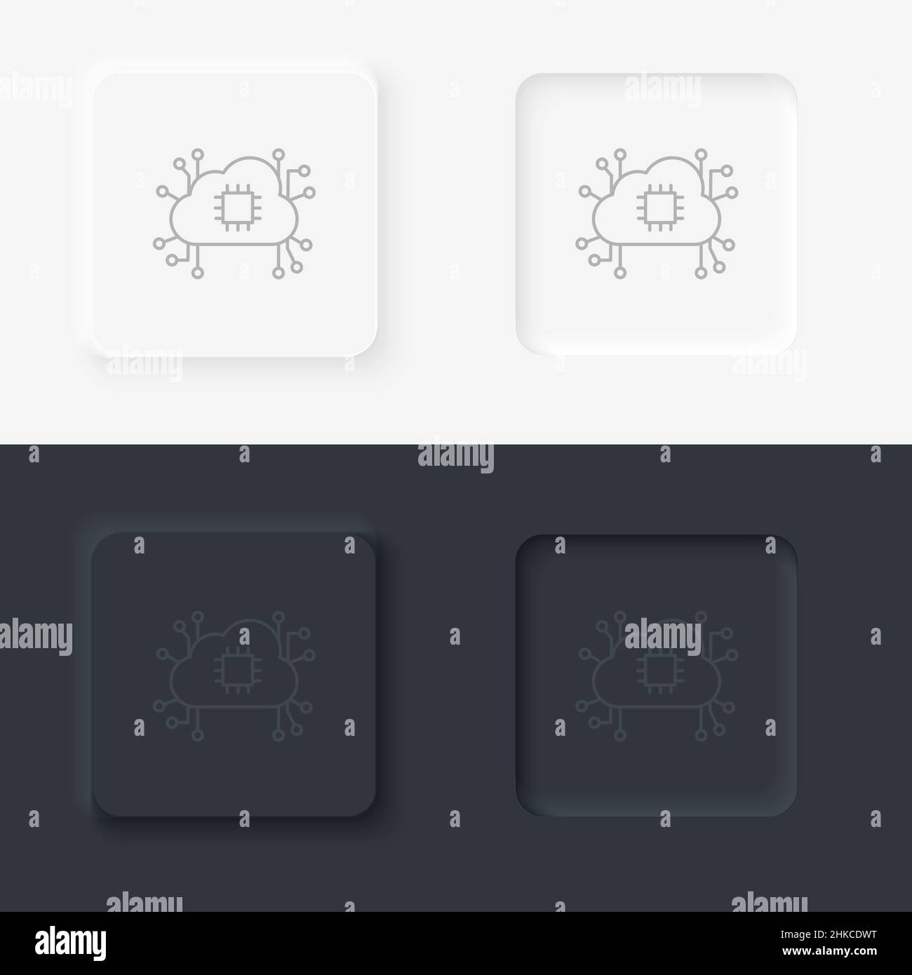 Brain, processor, cloud, network icon - Vector. Artificial intelligence neumorphic style vector icon set Stock Vector