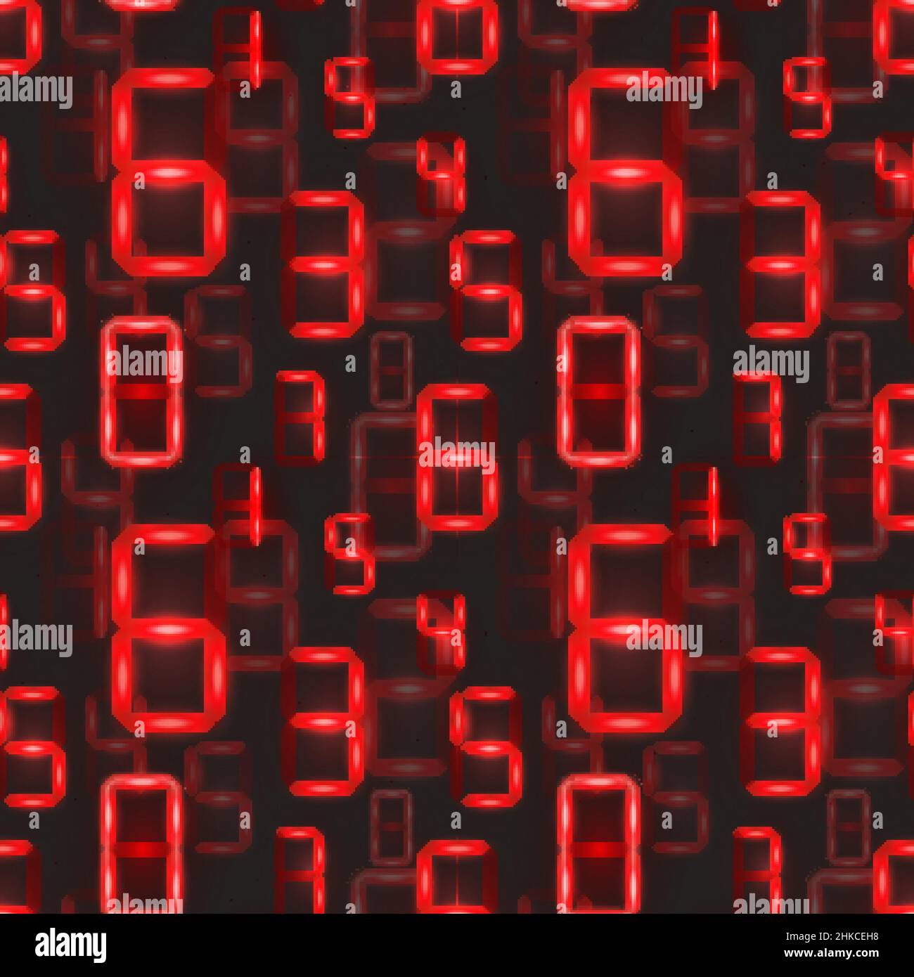 Lot of bright red vintage digital led numbers, seamless pattern on dark background Stock Vector