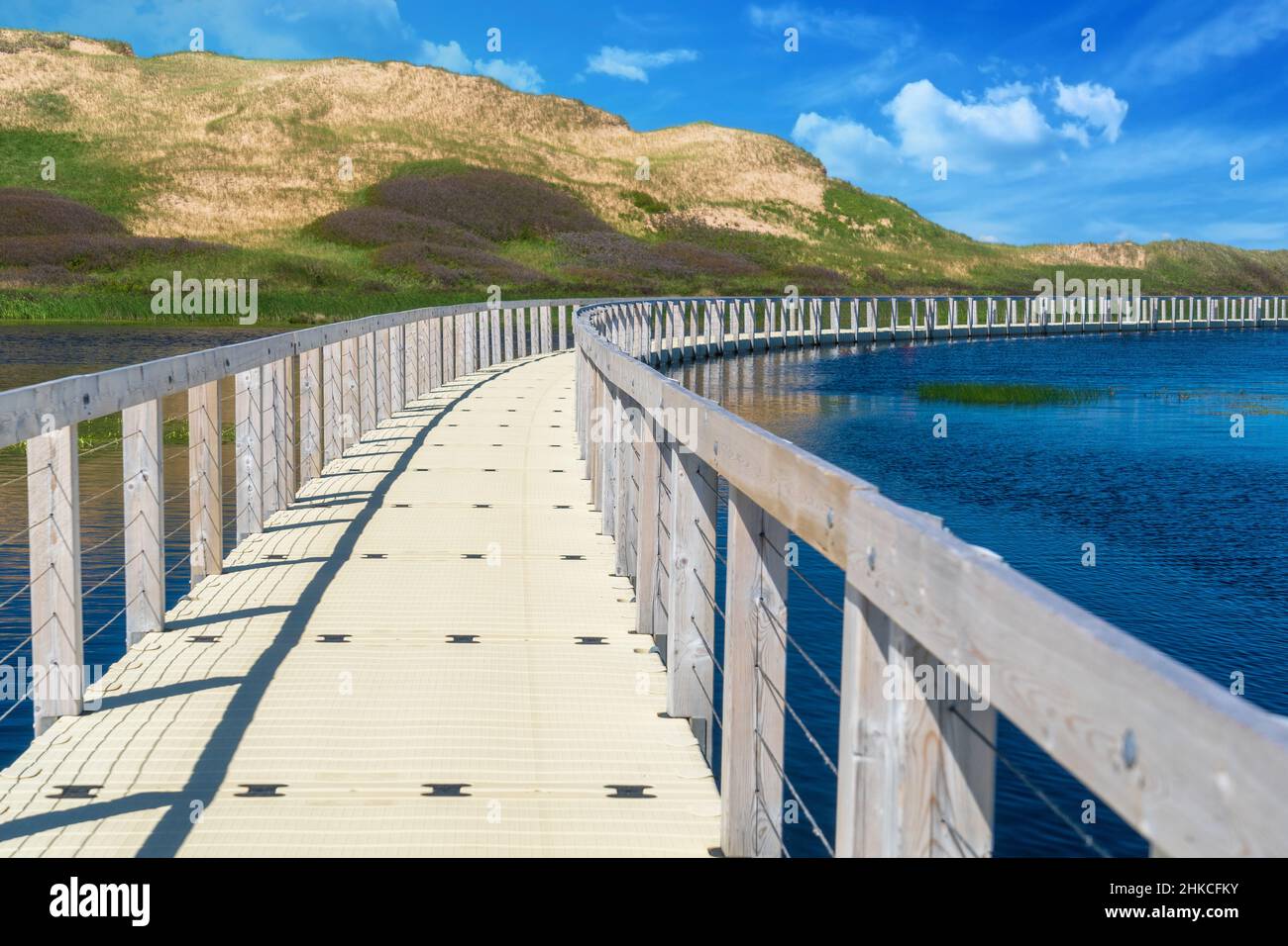 Floating boardwalk heading to the dunes in Prince Edward Island National Park, Canada. Stock Photo