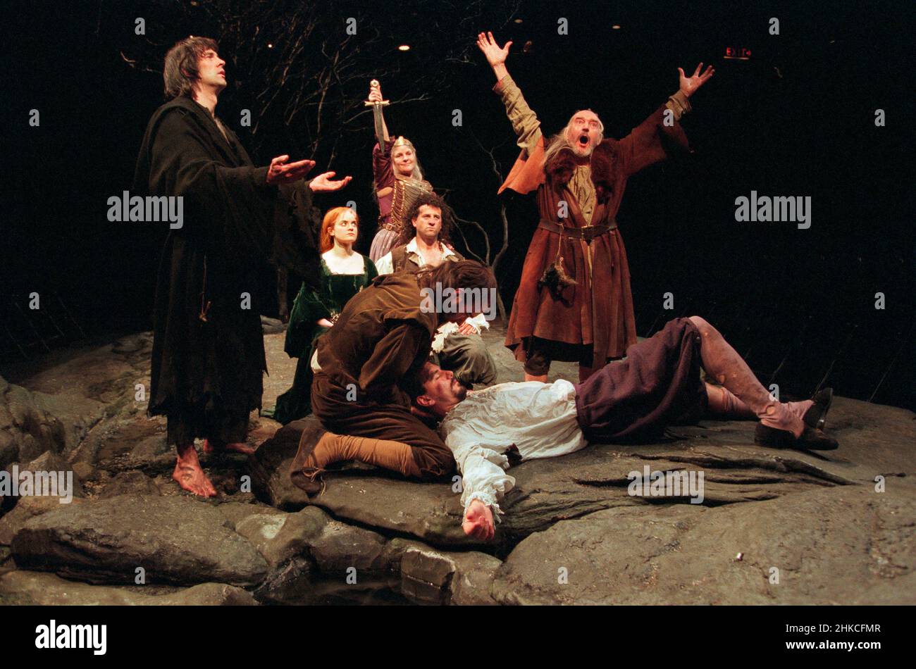 rear: Frances Tomelty (Maeve)  right: Gawn Grainger (King Sweney)  lying on ground: Patrick Malahide (Edmund) in MUTABILITIE by Frank McGuinness at the Cottesloe Theatre, National Theatre (NT), London SE1  20/11/1997  design: Monica Frawley  lighting: Andrew Bridge  movement: Jane Gibson  director: Trevor Nunn Stock Photo