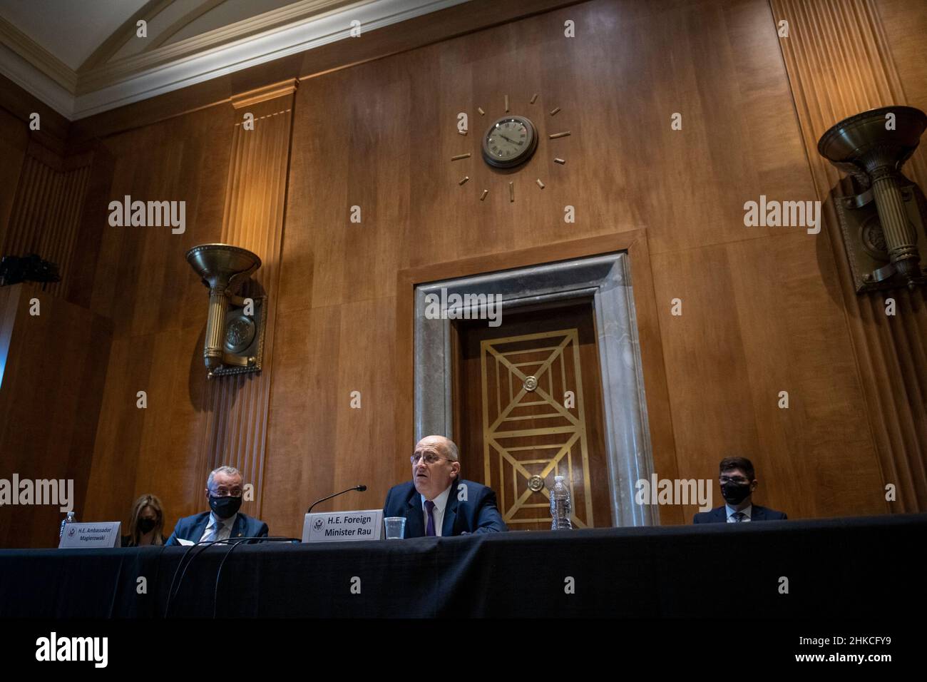 Washington, United States. 03rd Feb, 2022. Zbigniew Rau, Polish Foreign Minister and OSCE Chairperson-in-Office, reads his opening statement as he appears before a Senate Commission on Security and Cooperation in Europe hearing to examine Poland's leadership of the OSCE in a time of crisis, in the Dirksen Senate Office Building in Washington, DC, Thursday, February 3, 2022. Photo by Rod Lamkey/CNP/ABACAPRESS.COM Credit: Abaca Press/Alamy Live News Stock Photo