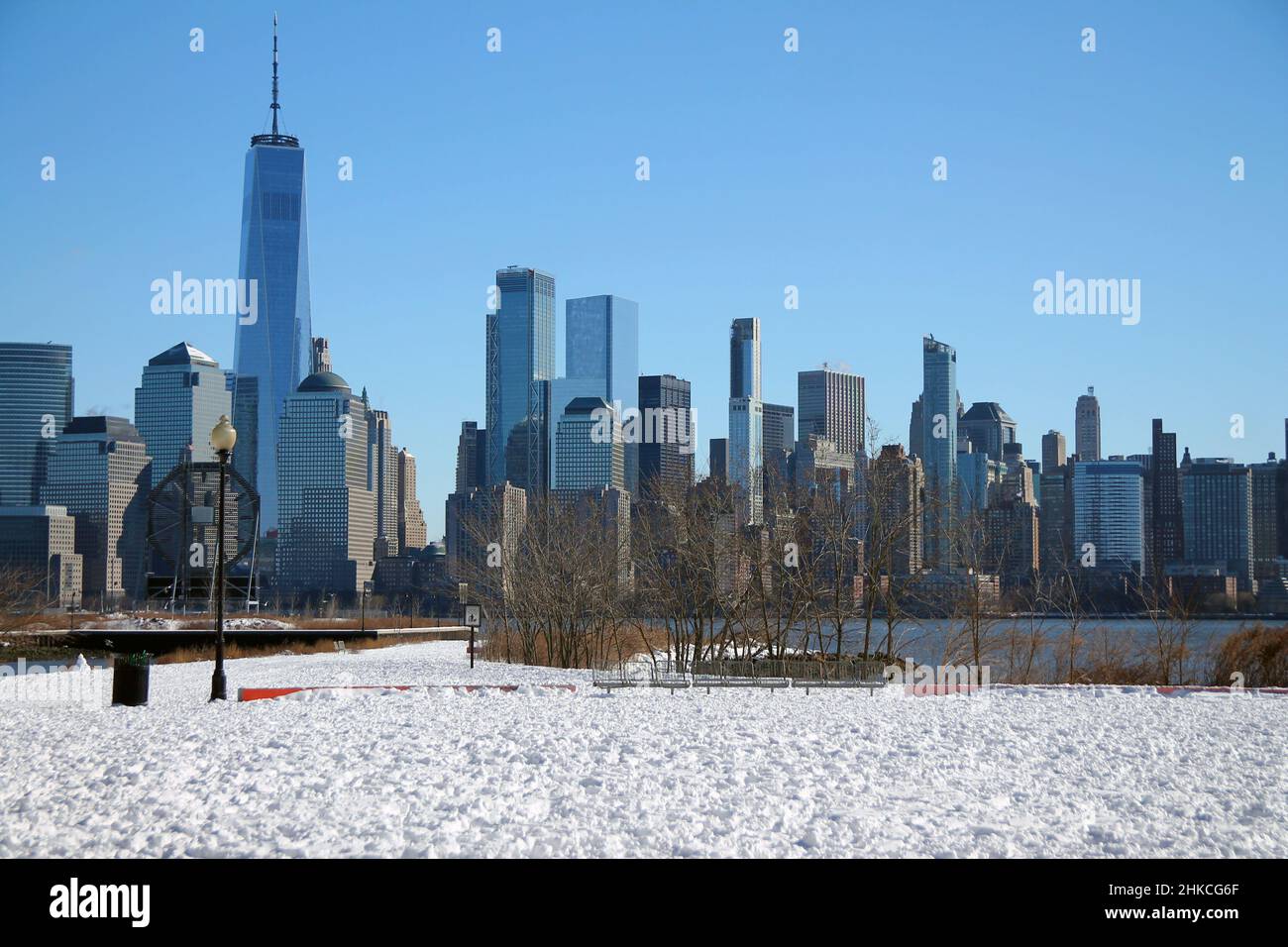 Downtown Manhattan with winter snow on the ground captured from Liberty State Park in Jersey City Stock Photo
