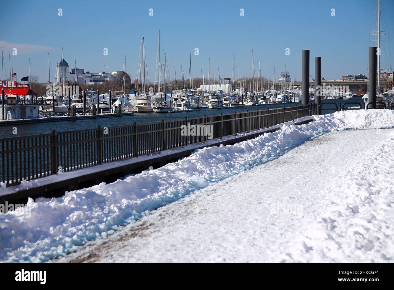 The path in the snow on the Morris Channel Basin Walkaway in Jersey City Stock Photo