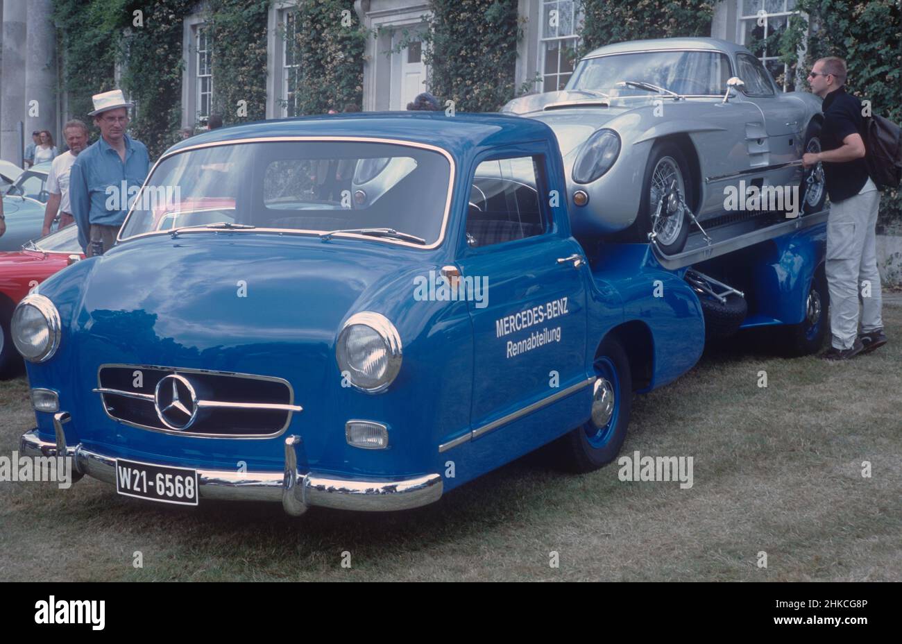 The transporter created by the Mercedes racing department in the 1950s, carrying one of only two 300 SLR Coupes, at the 2001 Goodwood Festival. Stock Photo