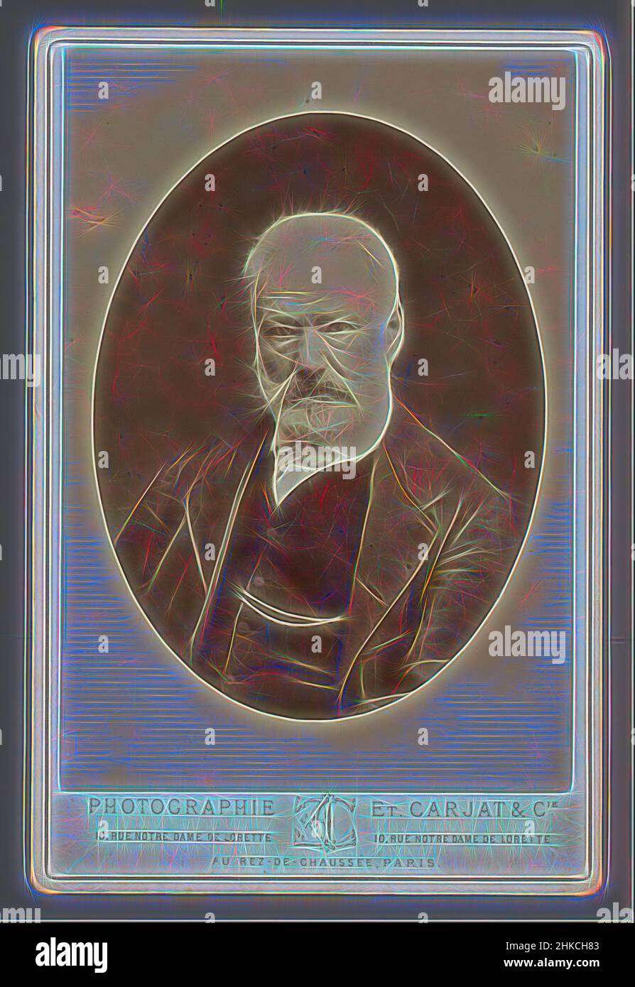 Inspired by Portrait of Victor Hugo, Portrait of the French writer Victor Hugo, Carjat et Cie., Paris, c. 1870 - c. 1890, paper, albumen print, height 140 mm × width 96 mmheight 163 mm × width 107 mm, Reimagined by Artotop. Classic art reinvented with a modern twist. Design of warm cheerful glowing of brightness and light ray radiance. Photography inspired by surrealism and futurism, embracing dynamic energy of modern technology, movement, speed and revolutionize culture Stock Photo