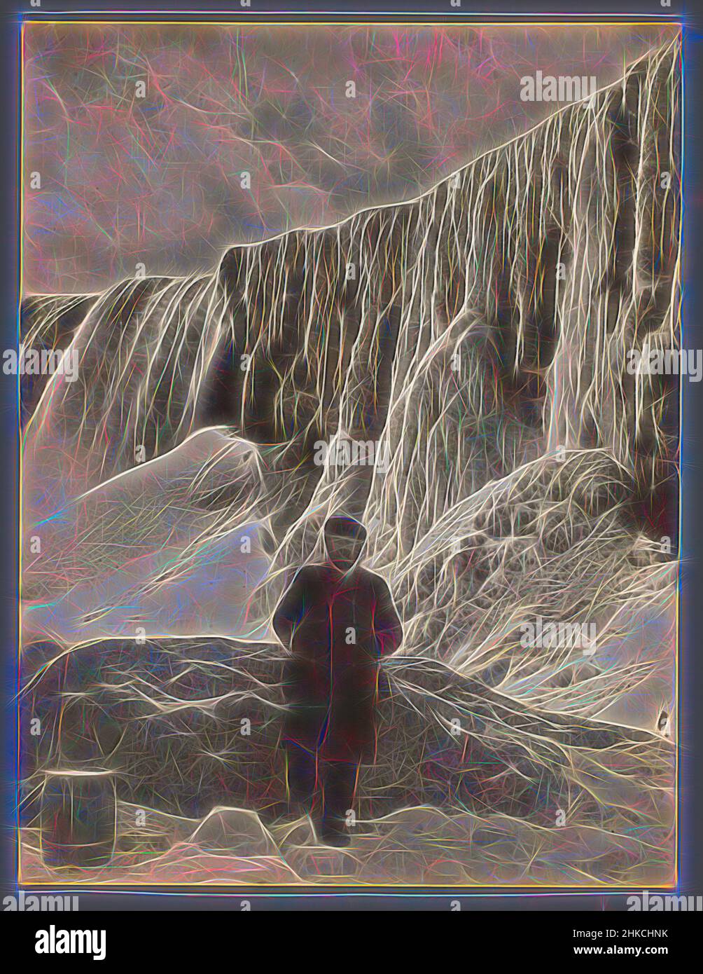 Inspired by Portrait of M. Graadt van Roggen in front of a frozen waterfall, M. Graadt van Roggen, Netherlands, 1900 - 1920, paper, height 209 mm × width 160 mm, Reimagined by Artotop. Classic art reinvented with a modern twist. Design of warm cheerful glowing of brightness and light ray radiance. Photography inspired by surrealism and futurism, embracing dynamic energy of modern technology, movement, speed and revolutionize culture Stock Photo