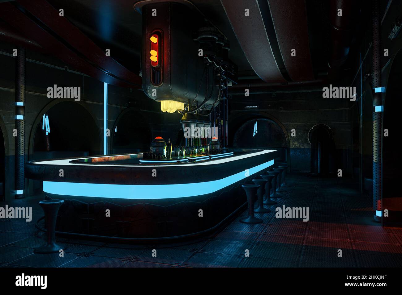 Dark futuristic alien drinks bar interior. Science fiction or cyberpunk fantasy 3D illustration. Stock Photo
