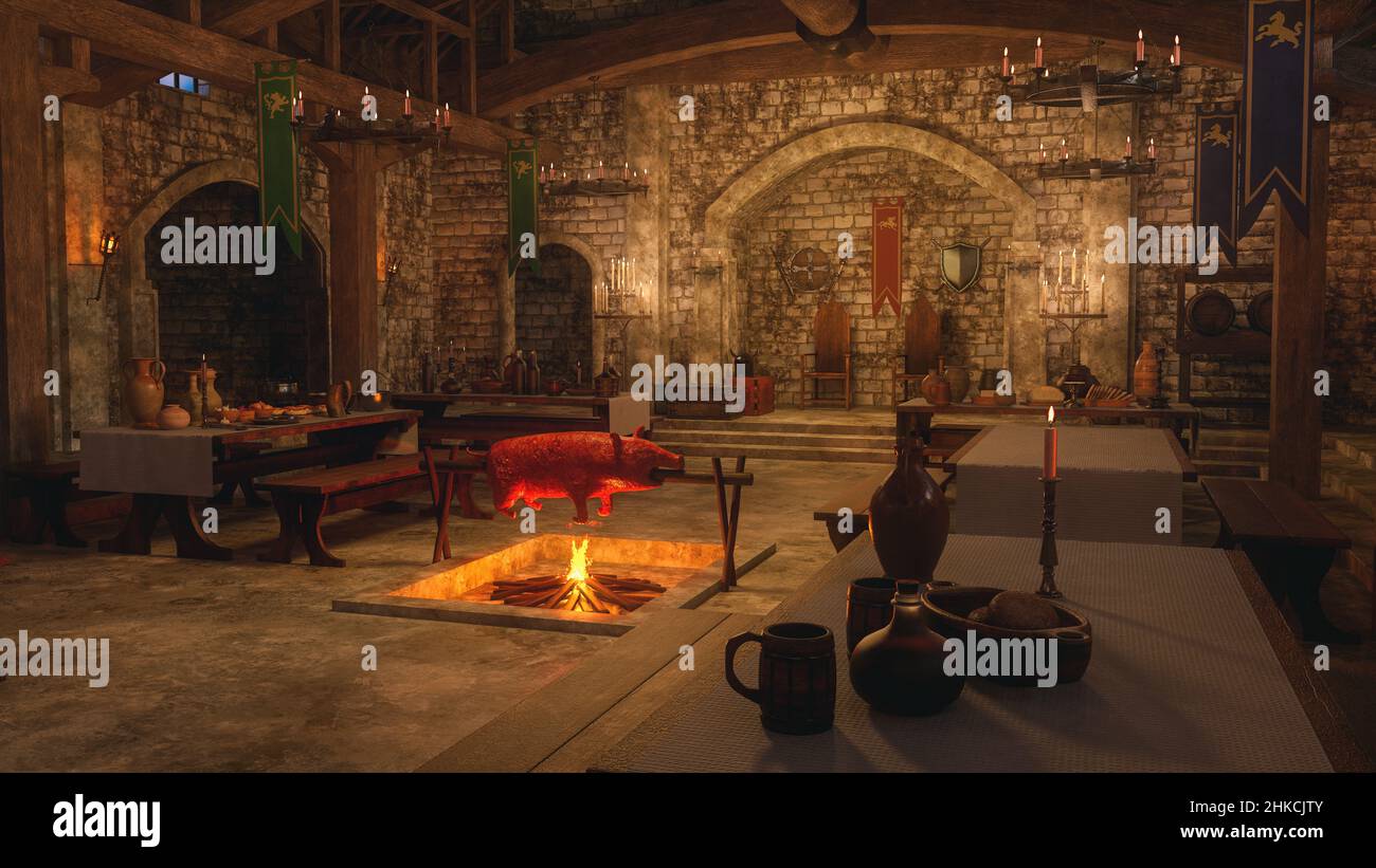 Medieval Viking dining hall interior with a boar roasting over an open fire. 3D illustration. Stock Photo