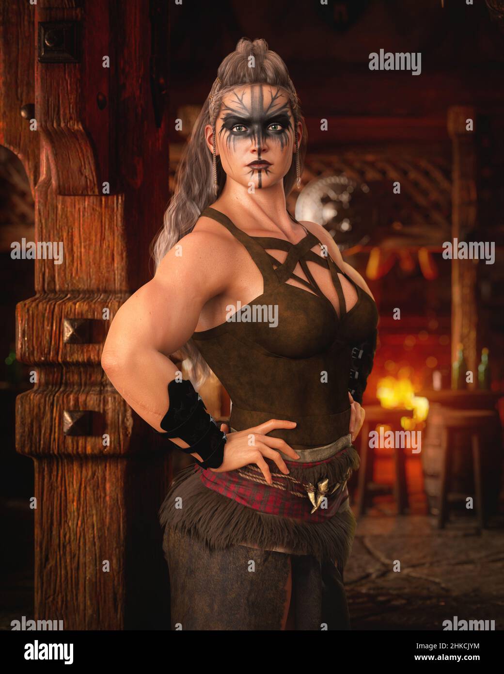 Strong muscular female Viking warrior with war paint on her face standing in a tavern bar. 3D rendering. Stock Photo
