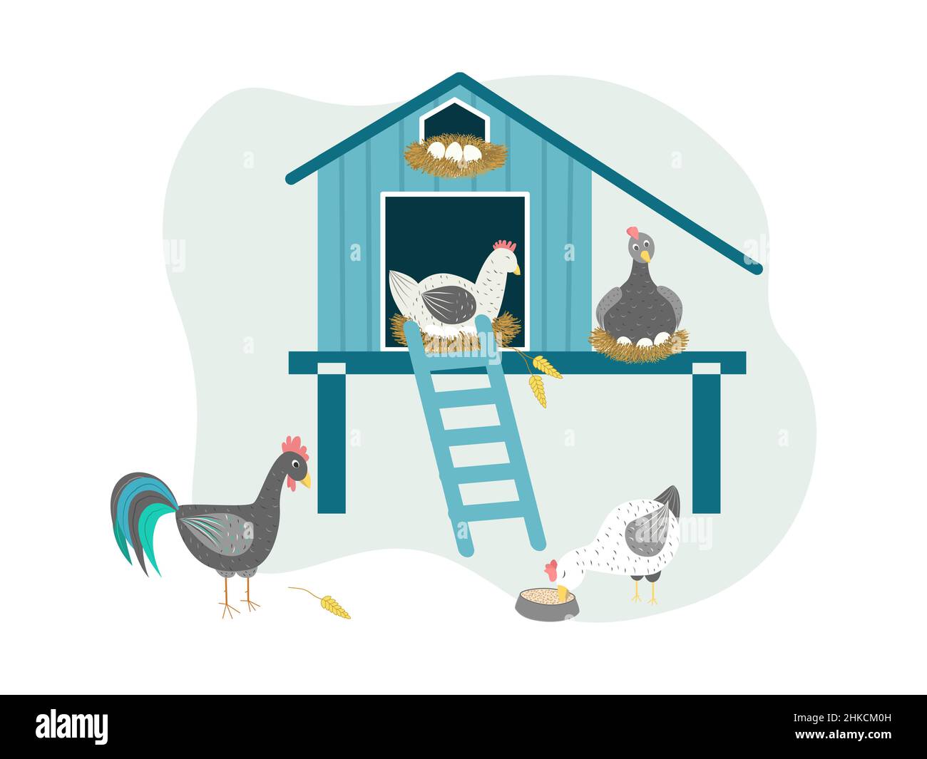 Chicken coop vector illustration. Characters of cute chickens that hatch eggs, a rooster in a chicken coop. Stock Vector
