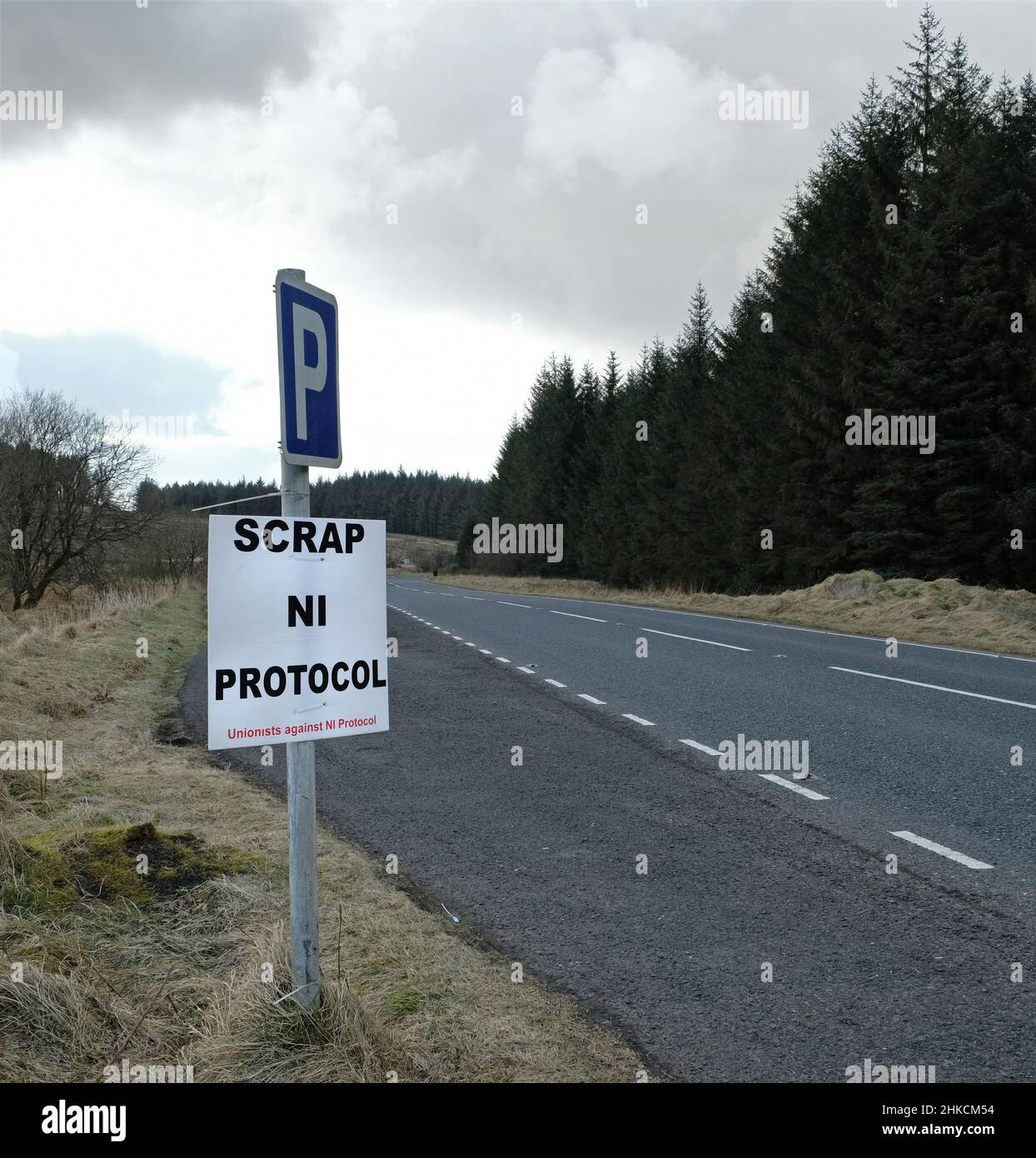 Sign relating to Northern Ireland Protocol on Larne Ballymena Road. Stock Photo