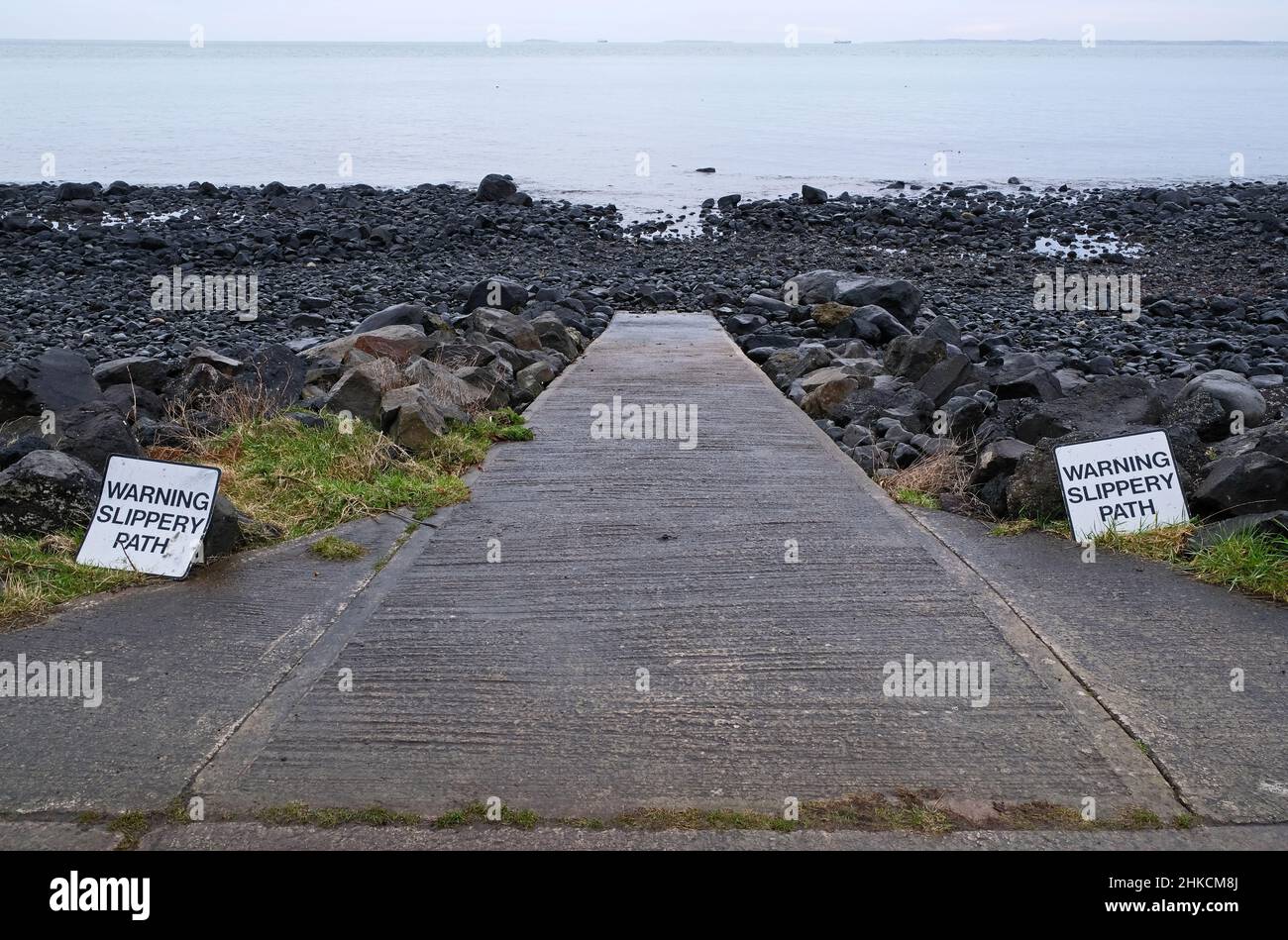 'Slippery slope', boat launching ramp, Belfast Lough. Stock Photo