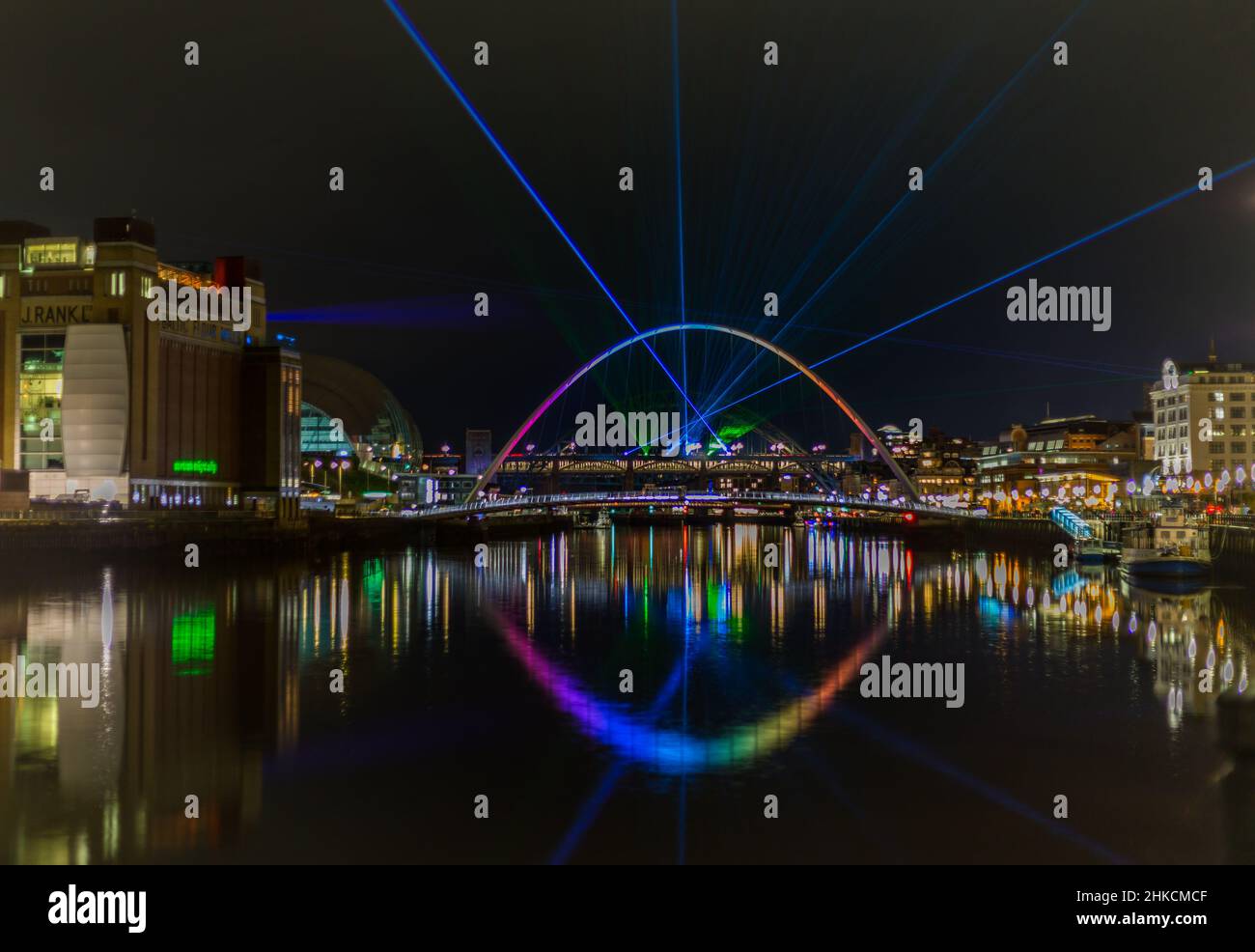 To bring in New Year's Eve in Newcastle, there was a laser show in the city, with the laser beams visible in the River Tyne Stock Photo