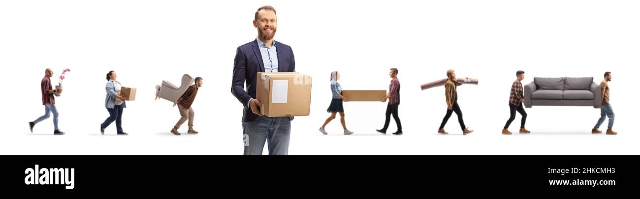 Guy with a box and people moving items in the back isolated on white background Stock Photo