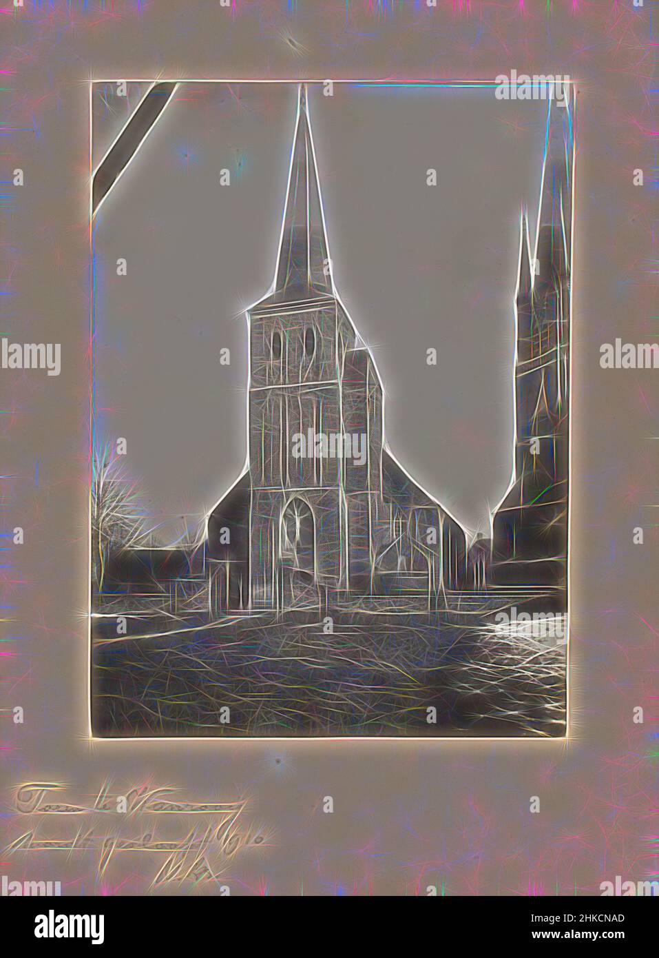 Inspired by View of the former St. Cornelius Church and the tower of the new church at Wanroij, Wanroij, c. 1905 - in or before 1910, gelatin silver print, height 218 mm × width 159 mm, Reimagined by Artotop. Classic art reinvented with a modern twist. Design of warm cheerful glowing of brightness and light ray radiance. Photography inspired by surrealism and futurism, embracing dynamic energy of modern technology, movement, speed and revolutionize culture Stock Photo