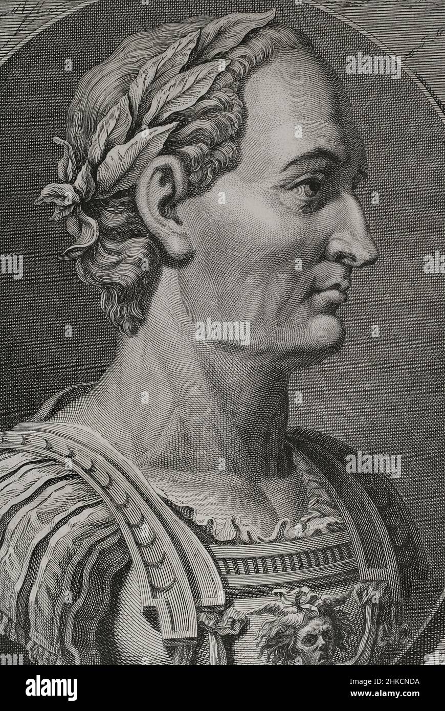 Gaius Julius Caesar (100 BC - 44 BC). Roman politician, general and writer. In 60 BC he established a triumvirate with Pompey and Crassus. Conquered Gaul. Head of the empire an dictator in perpetuity (Dictator Perpetuus). Portrait. Engraving. 'Commentaires de Cesar, avec des notes historiques, critiques et militaires, by count Turpin de Crissé. Volume I. Published in Montargis and sold in Paris, 1785. Stock Photo