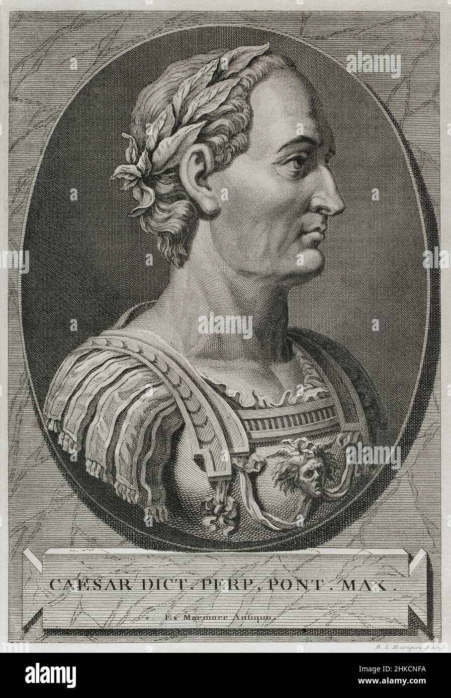 Gaius Julius Caesar (100 BC - 44 BC). Roman politician, general and writer. In 60 BC he established a triumvirate with Pompey and Crassus. Conquered Gaul. Head of the empire an dictator in perpetuity (Dictator Perpetuus). Portrait. Engraving. 'Commentaires de Cesar, avec des notes historiques, critiques et militaires, by count Turpin de Crissé. Volume I. Published in Montargis and sold in Paris, 1785. Stock Photo