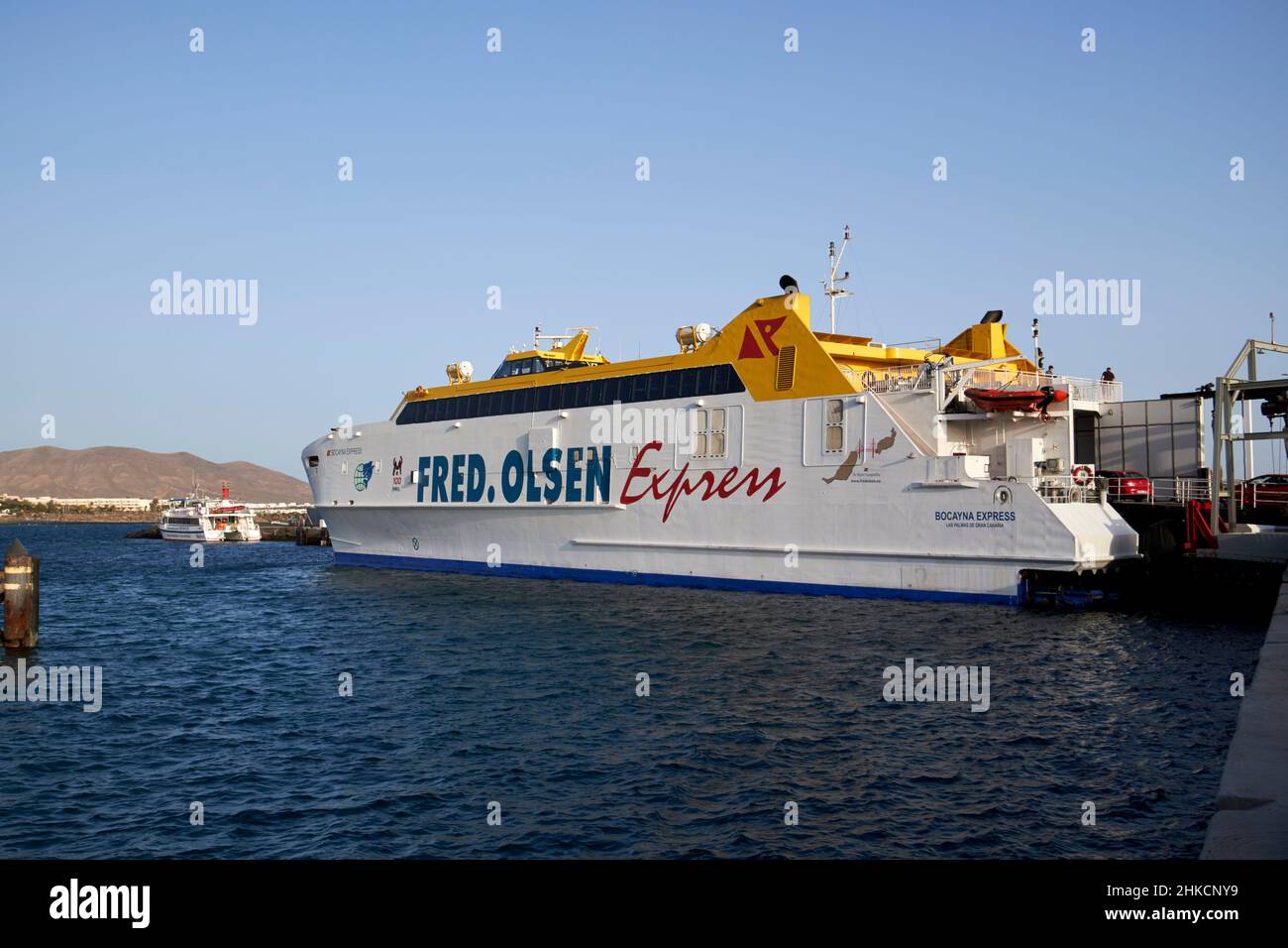 fred olsen express bocayna express ferry ship in harbour port playa blanca  Lanzarote to fuerteventura route Canary Islands Spain Stock Photo - Alamy
