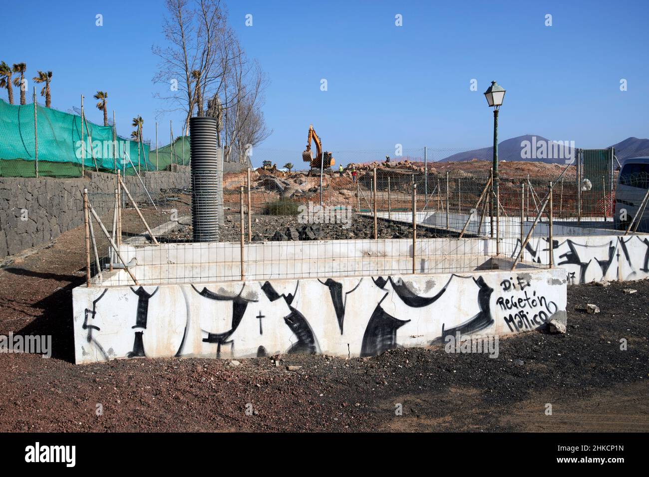 graffiti on foundations for new development playa blanca Lanzarote Canary Islands Spain Stock Photo