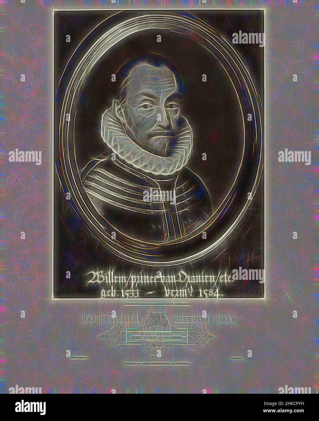 Inspired by Portrait of William I, Prince of Orange, Portrait of William I in an oval. In the lower margin his name, titles, year of birth and year of death. In an ornamented frame his name in German., Franz Hanfstaengl, after: Michiel Jansz van Mierevelt, München, 1852 - 1877, height 395 mm × width, Reimagined by Artotop. Classic art reinvented with a modern twist. Design of warm cheerful glowing of brightness and light ray radiance. Photography inspired by surrealism and futurism, embracing dynamic energy of modern technology, movement, speed and revolutionize culture Stock Photo