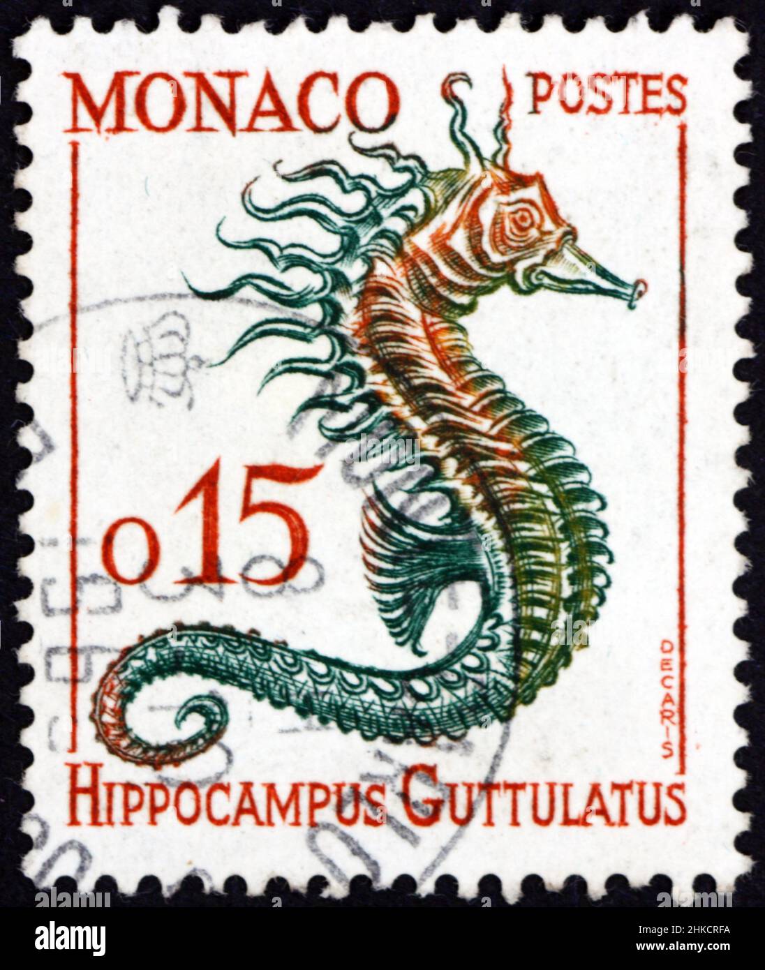 MONACO - CIRCA 1960 a stamp printed in Monaco shows long-snouted seahorse, hippocampus guttulatus, is a marine fish native from the northeast Atlantic Stock Photo