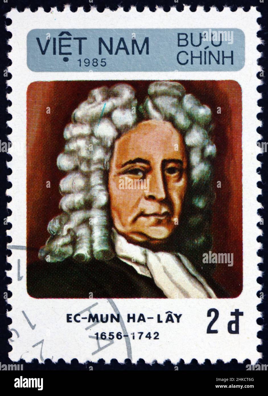 VIETNAM - CIRCA 1986: a stamp printed in Vietnam shows Edmond Halley, was an English astronomer, geophysicist and mathematician, circa 1986 Stock Photo