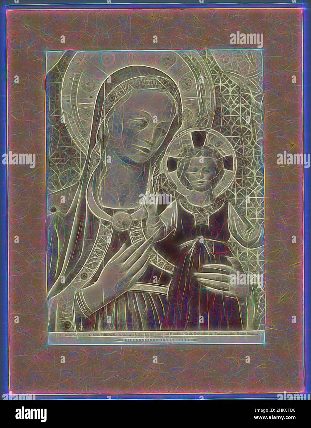 Inspired by  by Fra Angelico, depicting Mary with Child, FIRENZE - R. Galleria Uffizi. La Madonna col Bambino Gesù. Dettaglio del Tabernacolo., Alinari, Fra Angelico, Galleria degli Uffizi, Italy, c. 1875 - c. 1900, albumen print, height 253 mm × width 185 mm, Reimagined by Artotop. Classic art reinvented with a modern twist. Design of warm cheerful glowing of brightness and light ray radiance. Photography inspired by surrealism and futurism, embracing dynamic energy of modern technology, movement, speed and revolutionize culture Stock Photo