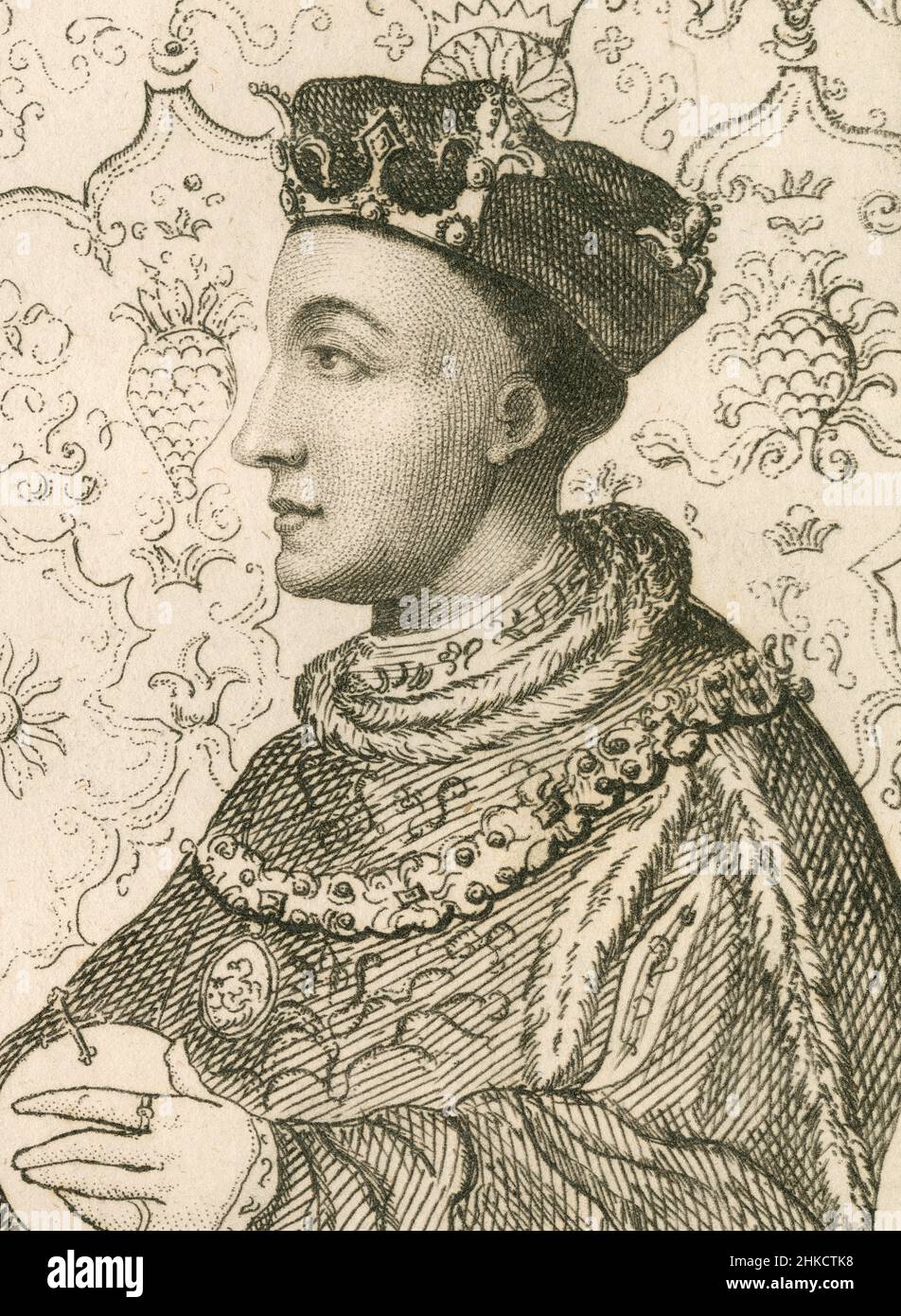 Antique circa 1812 etching of Henry V of England. Henry V (1386-1422), also called Henry of Monmouth, was King of England from 1413 until his death in 1422. SOURCE: ORIGINAL ETCHING Stock Photo