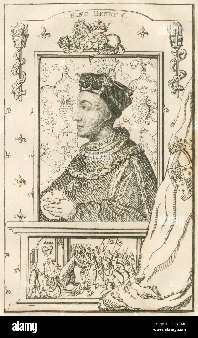 Antique circa 1812 etching of Henry V of England. Henry V (1386-1422), also called Henry of Monmouth, was King of England from 1413 until his death in 1422. SOURCE: ORIGINAL ETCHING Stock Photo