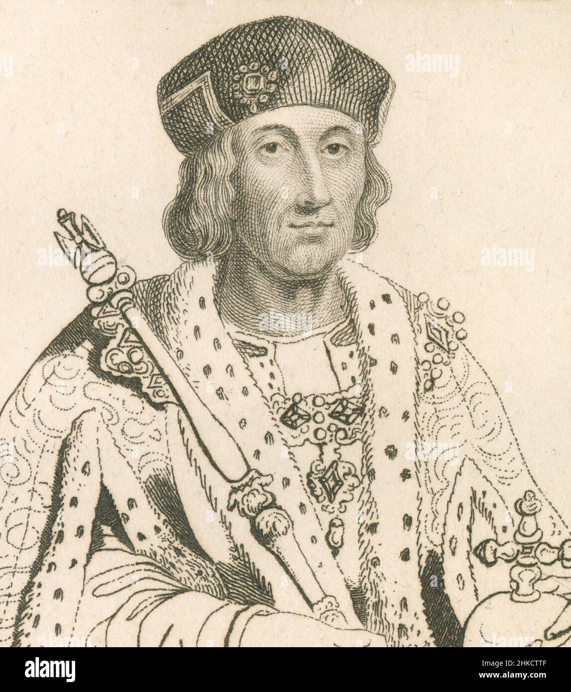 Antique circa 1812 etching of Henry VII of England. Henry VII (1457-1509) was King of England and Lord of Ireland from his seizure of the crown on 22 August 1485 until his death in 1509.  SOURCE: ORIGINAL ETCHING Stock Photo