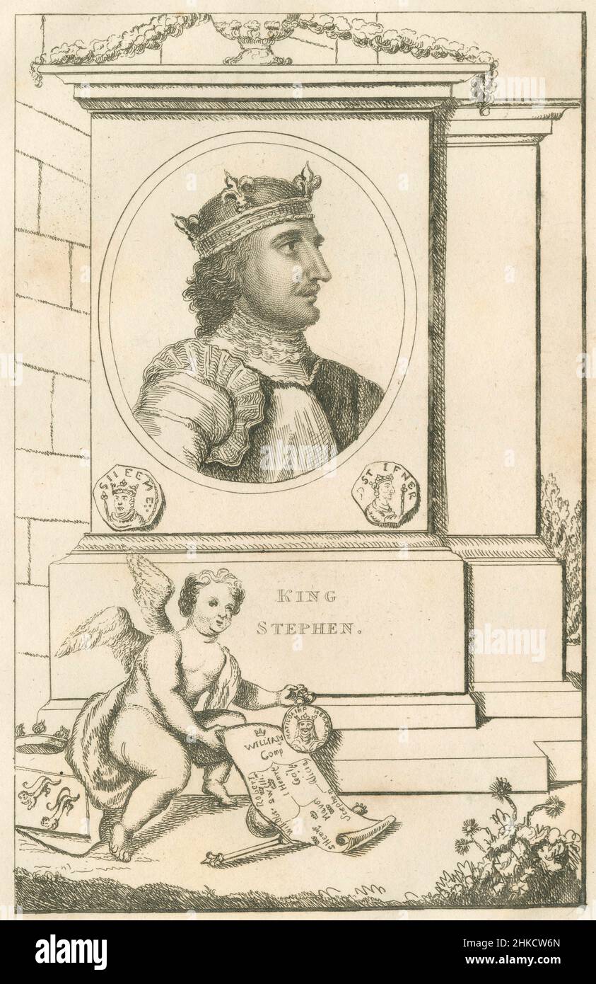 Antique circa 1812 etching of Stephen, King of England. Stephen (1092-1154), often referred to as Stephen of Blois, was King of England from 22 December 1135 to his death in 1154. SOURCE: ORIGINAL ETCHING Stock Photo