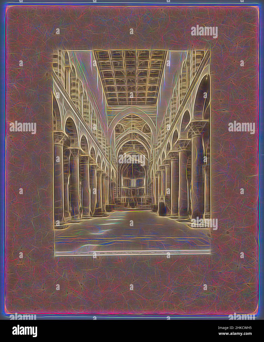 Inspired by Interior of the Cathedral of Pisa, with view of the choir, PISA - Cattedrale. La Navata principale., Alinari, Dom, c. 1875 - c. 1900, albumen print, height 249 mm × width 189 mm, Reimagined by Artotop. Classic art reinvented with a modern twist. Design of warm cheerful glowing of brightness and light ray radiance. Photography inspired by surrealism and futurism, embracing dynamic energy of modern technology, movement, speed and revolutionize culture Stock Photo