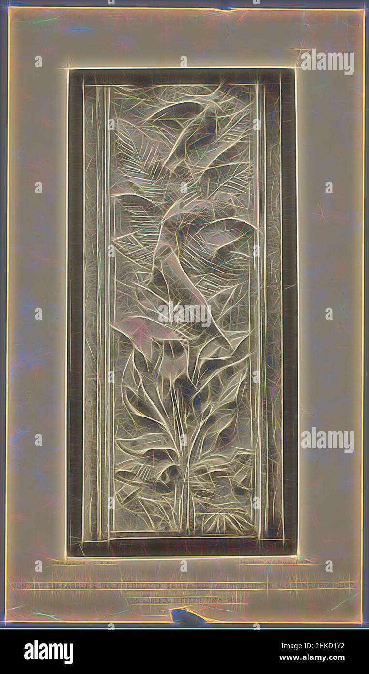 Inspired by Relief of a door of the Baptistry at Florence by Lorenzo Ghiberti, depicting a marten hunting a bird, VON DER EINFASSUNG DER NOERDLICHEN THUER DER BAPTISTERIUMS IN FLORENZ (1403-1427.) VON LORENZO GHIBERTI. (1378-1455.), printer: Albert Frisch, Baptisterium, printer: Berlin, publisher, Reimagined by Artotop. Classic art reinvented with a modern twist. Design of warm cheerful glowing of brightness and light ray radiance. Photography inspired by surrealism and futurism, embracing dynamic energy of modern technology, movement, speed and revolutionize culture Stock Photo