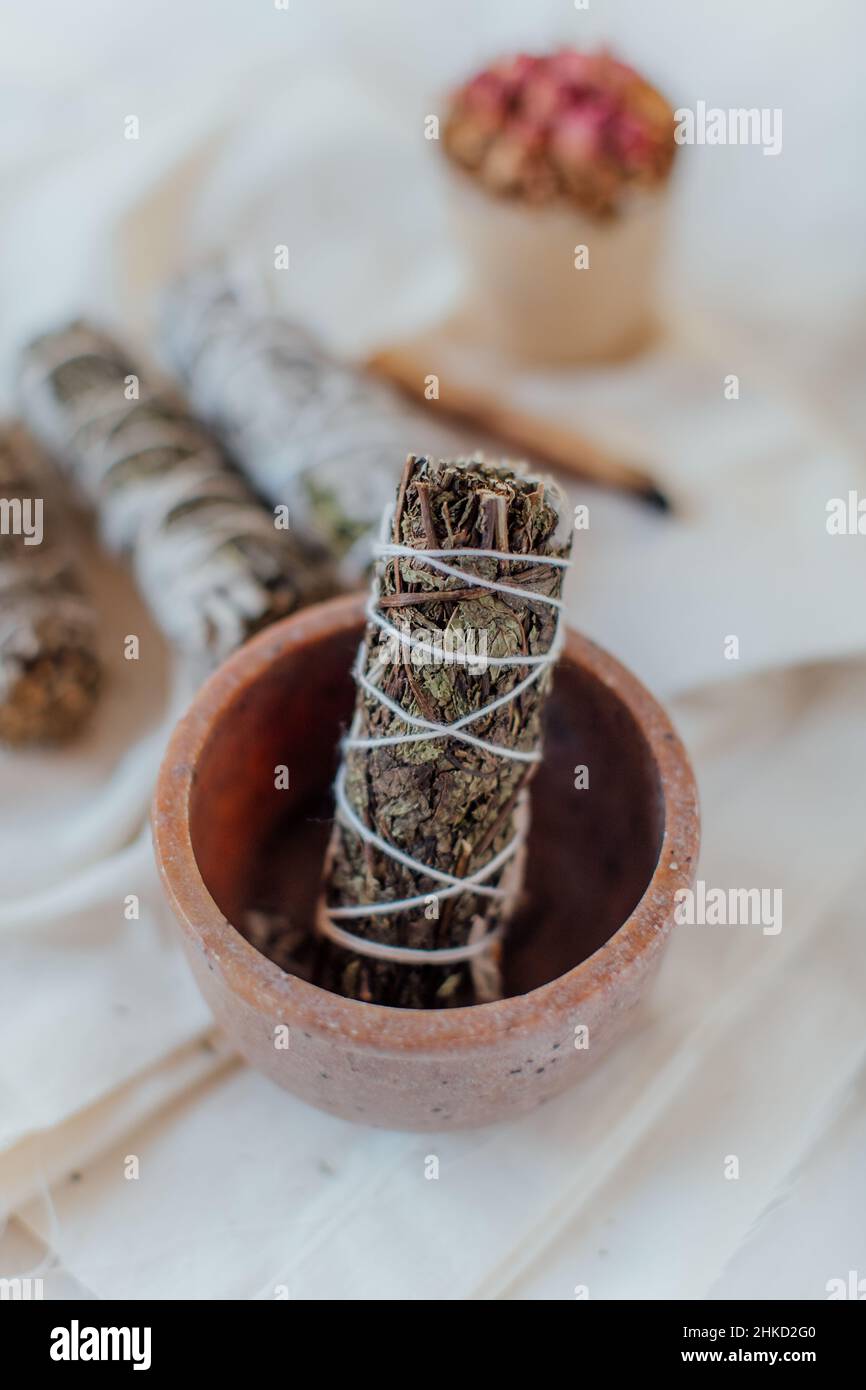 Sage Smudgestick on a smudge bowl Stock Photo Alamy
