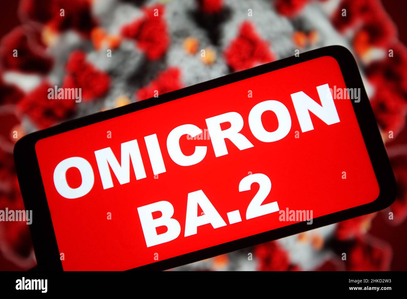 In this photo illustration, an Omicron BA.2 words of a new SARS-CoV-2 coronavirus sub-variant is seen on a smartphone screen. Stock Photo