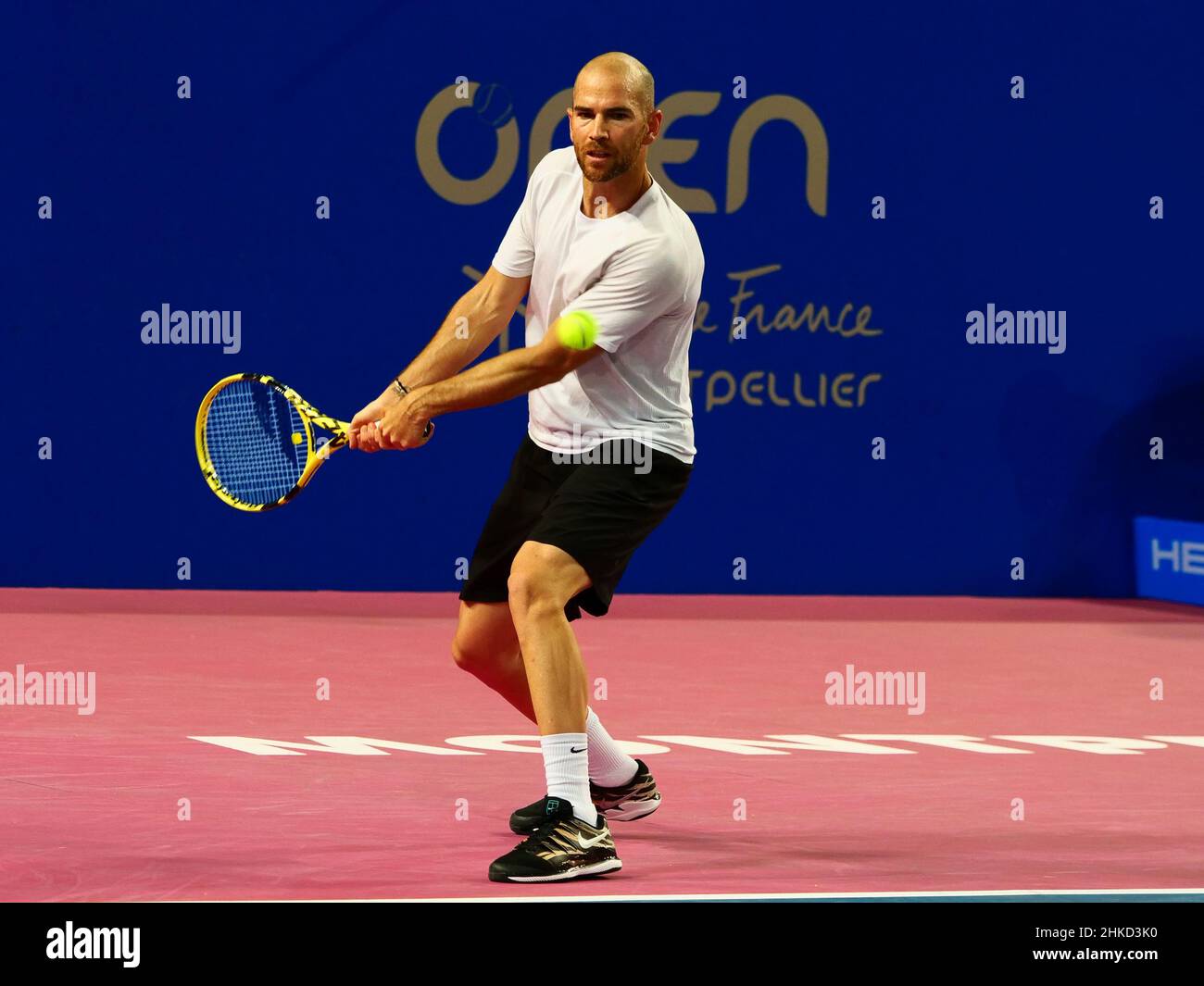 Adrian Mannarino of France in action against David Goffin of Belgium during  the Open Sud de, France. , . at Sud de France Arena in Montpellier, France  - Photo Patrick Cannaux/DPPI Credit: