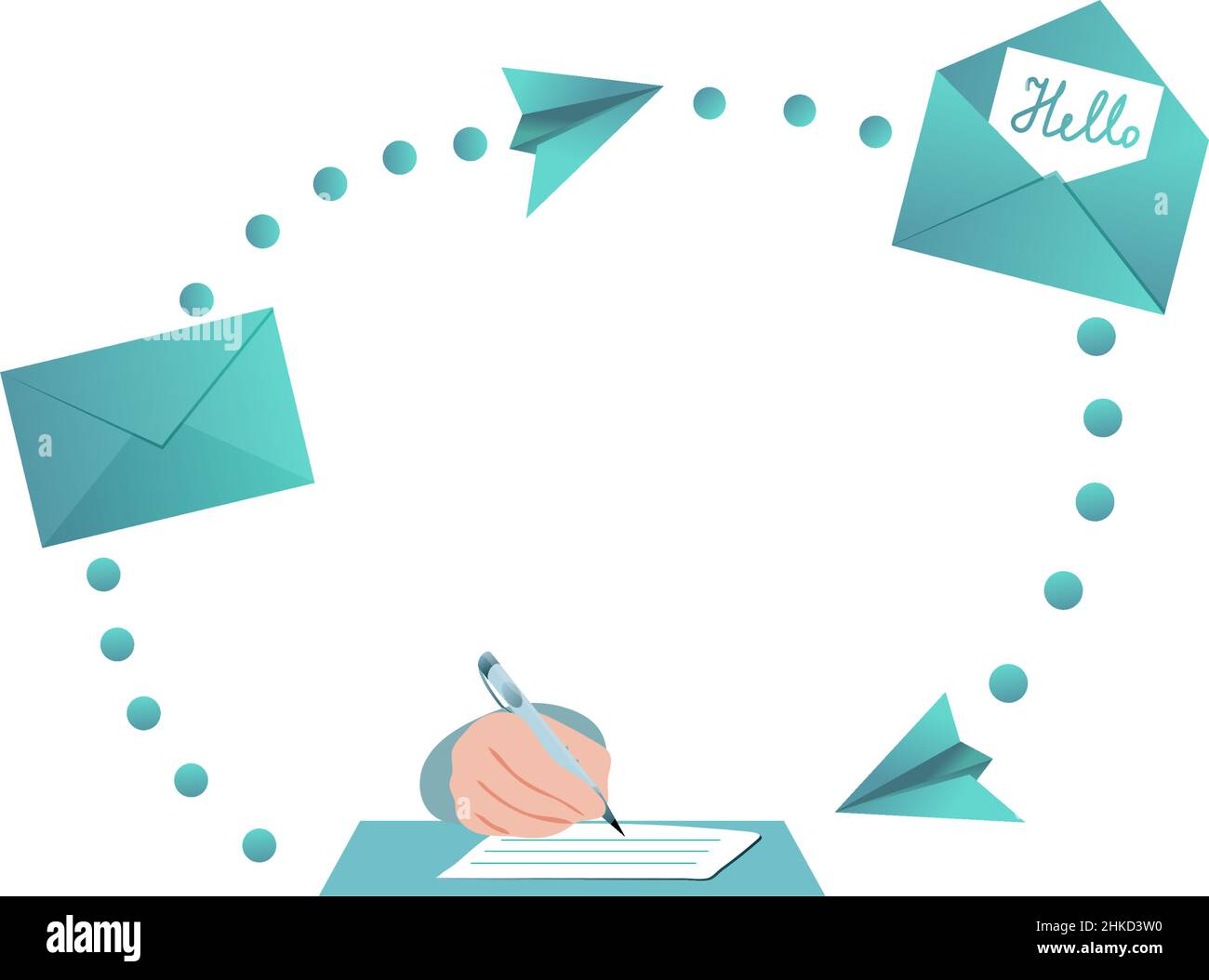 Business or personal correspondence. Subscription services. A hand with a pen is writing a letter. Envelope closed and open. Message. Vector in Stock Vector