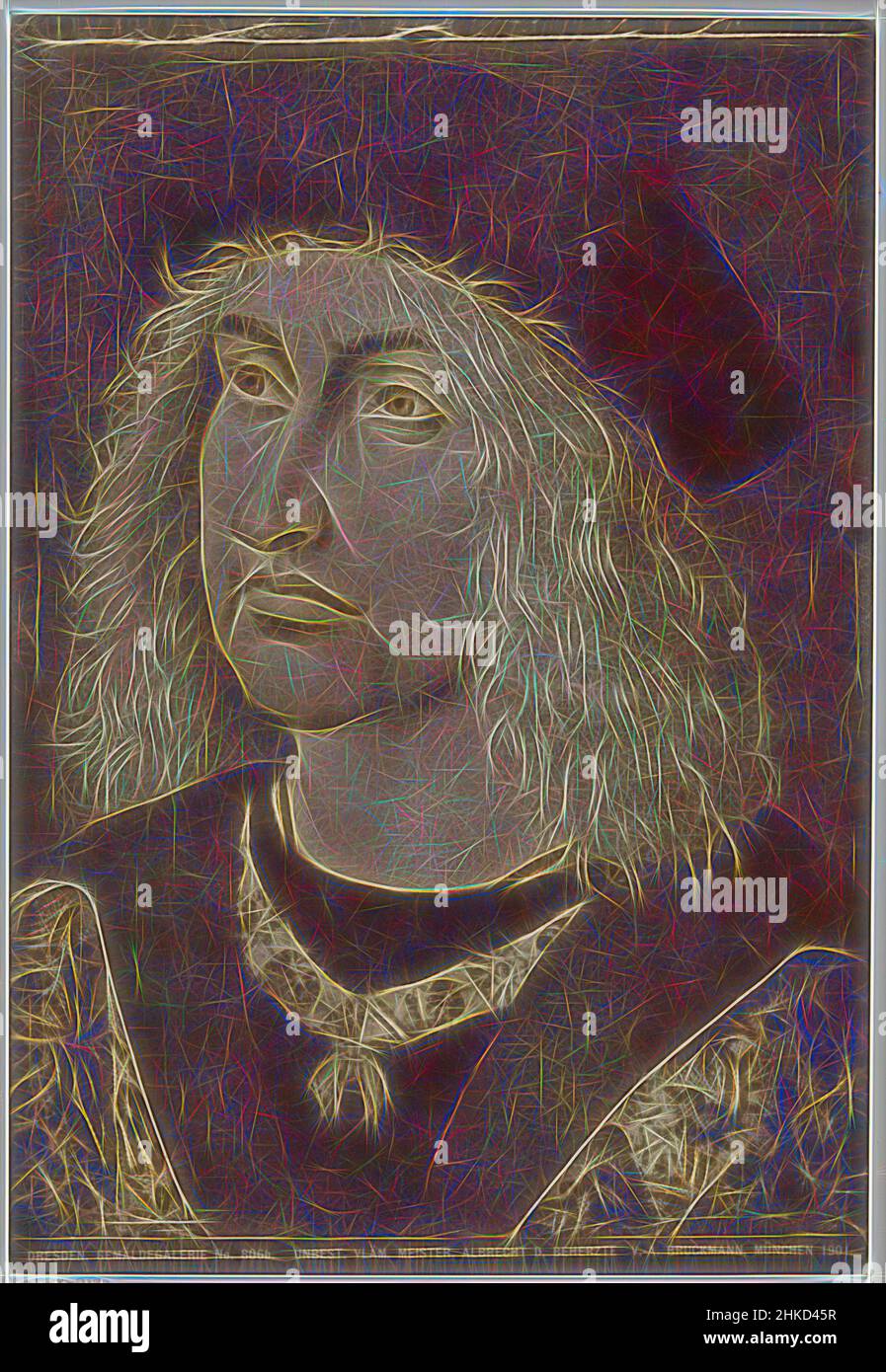 Inspired by Portrait of Albrecht III, Duke of Saxony, Verlagsanstalt Fr. Bruckmann A.-G., after:, München, 1901, height 273 mm × width 187 mm, Reimagined by Artotop. Classic art reinvented with a modern twist. Design of warm cheerful glowing of brightness and light ray radiance. Photography inspired by surrealism and futurism, embracing dynamic energy of modern technology, movement, speed and revolutionize culture Stock Photo