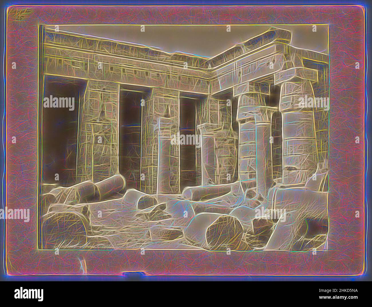 Inspired by Hieroglyphs of the temple of Ramses III at Medinet Habou, Bonfils, Medinet Haboe, 1850 - 1900, albumen print, height 269 mm × width 357 mm, Reimagined by Artotop. Classic art reinvented with a modern twist. Design of warm cheerful glowing of brightness and light ray radiance. Photography inspired by surrealism and futurism, embracing dynamic energy of modern technology, movement, speed and revolutionize culture Stock Photo