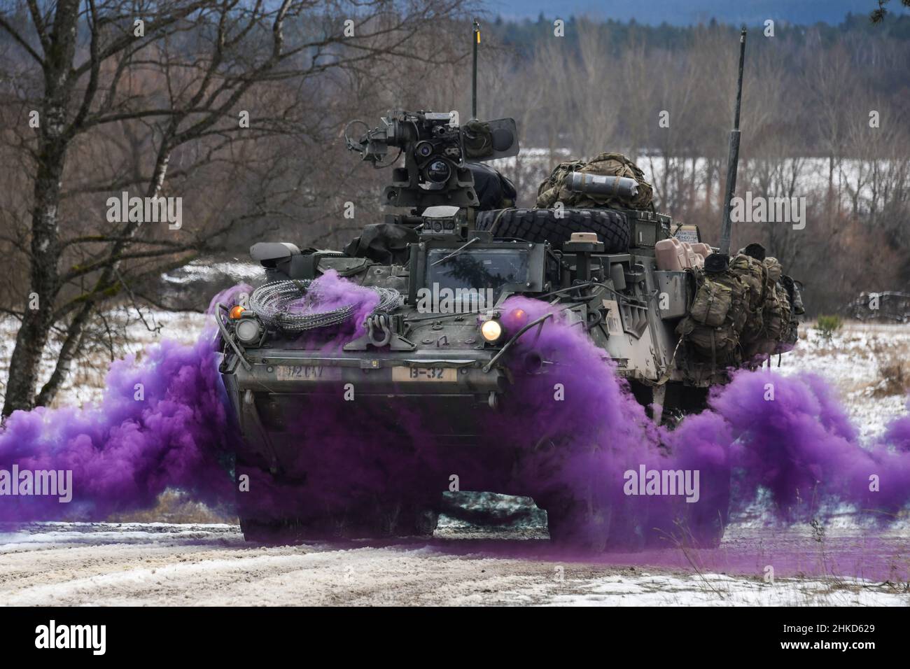 Grafenwoehr, Germany. 2nd Feb, 2022. U.S. Soldiers, assigned to Bull Troop, 1st Squadron, 2nd Cavalry Regiment, maneuver a Stryker armored vehicle during a situational training exercise at the 7th Army Training Command's Grafenwoehr Training Area. (Credit Image: © Markus Rauchenberger/U.S. Army/ZUMA Press Wire Service) Stock Photo