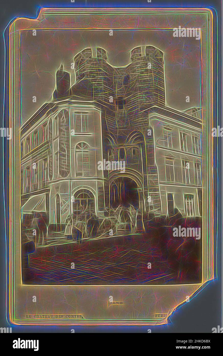 Inspired by View of the gate of the Castle of the Counts in Ghent, Le chateau des comtes, Gand, 1850 - 1900, albumen print, height 166 mm × width 107 mm, Reimagined by Artotop. Classic art reinvented with a modern twist. Design of warm cheerful glowing of brightness and light ray radiance. Photography inspired by surrealism and futurism, embracing dynamic energy of modern technology, movement, speed and revolutionize culture Stock Photo