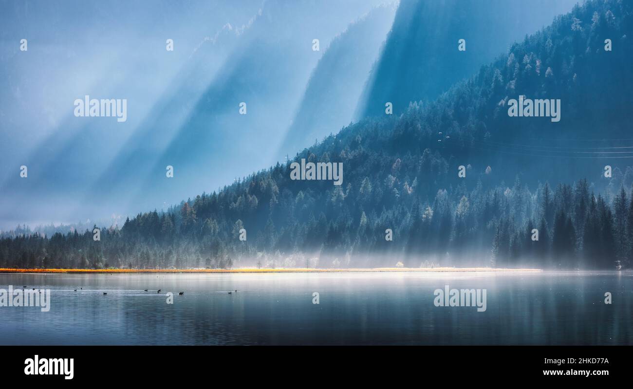 Mountains in bright sunbeams and foggy lake at sunny morning Stock Photo