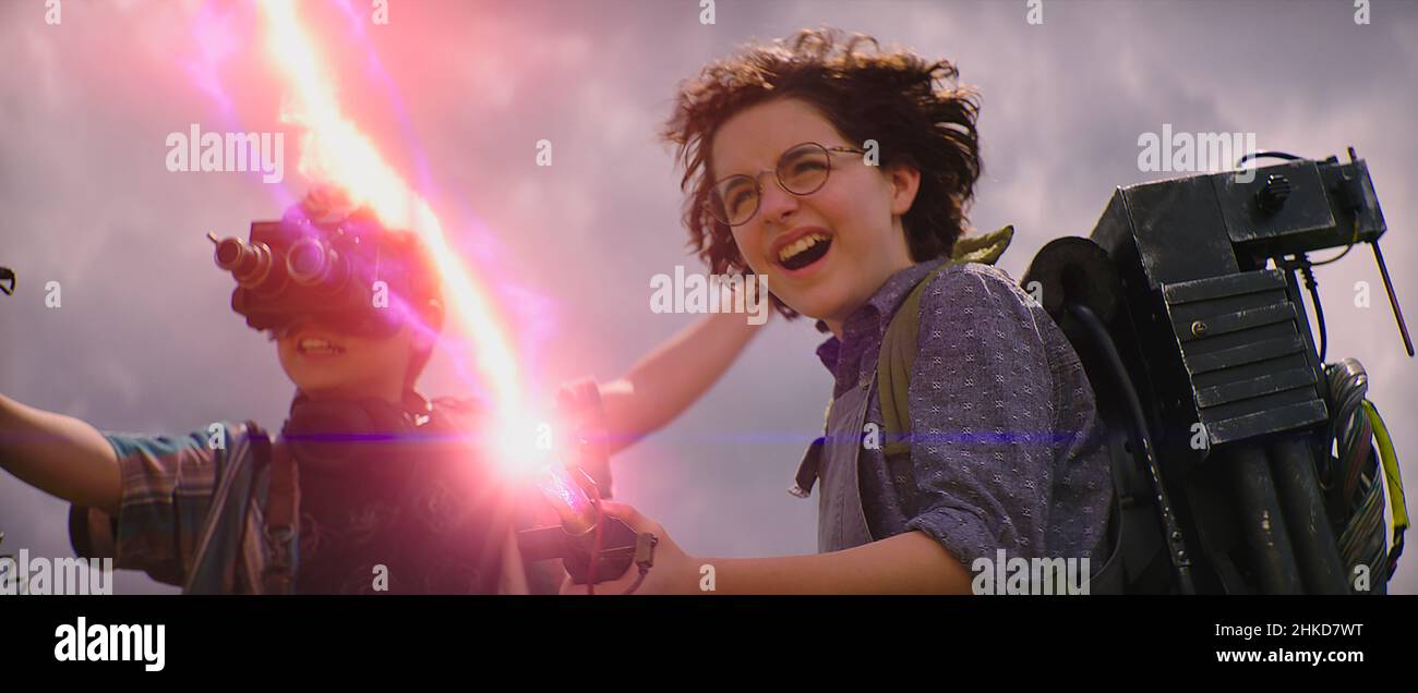 Ghostbusters: Afterlife (2021) directed by Jason Reitman and starring Finn Wolfhard, Mckenna Grace and Carrie Coon. A family arrive in a small town and discover their connection to the original Ghostbusters and the secret legacy their grandfather left behind. Stock Photo