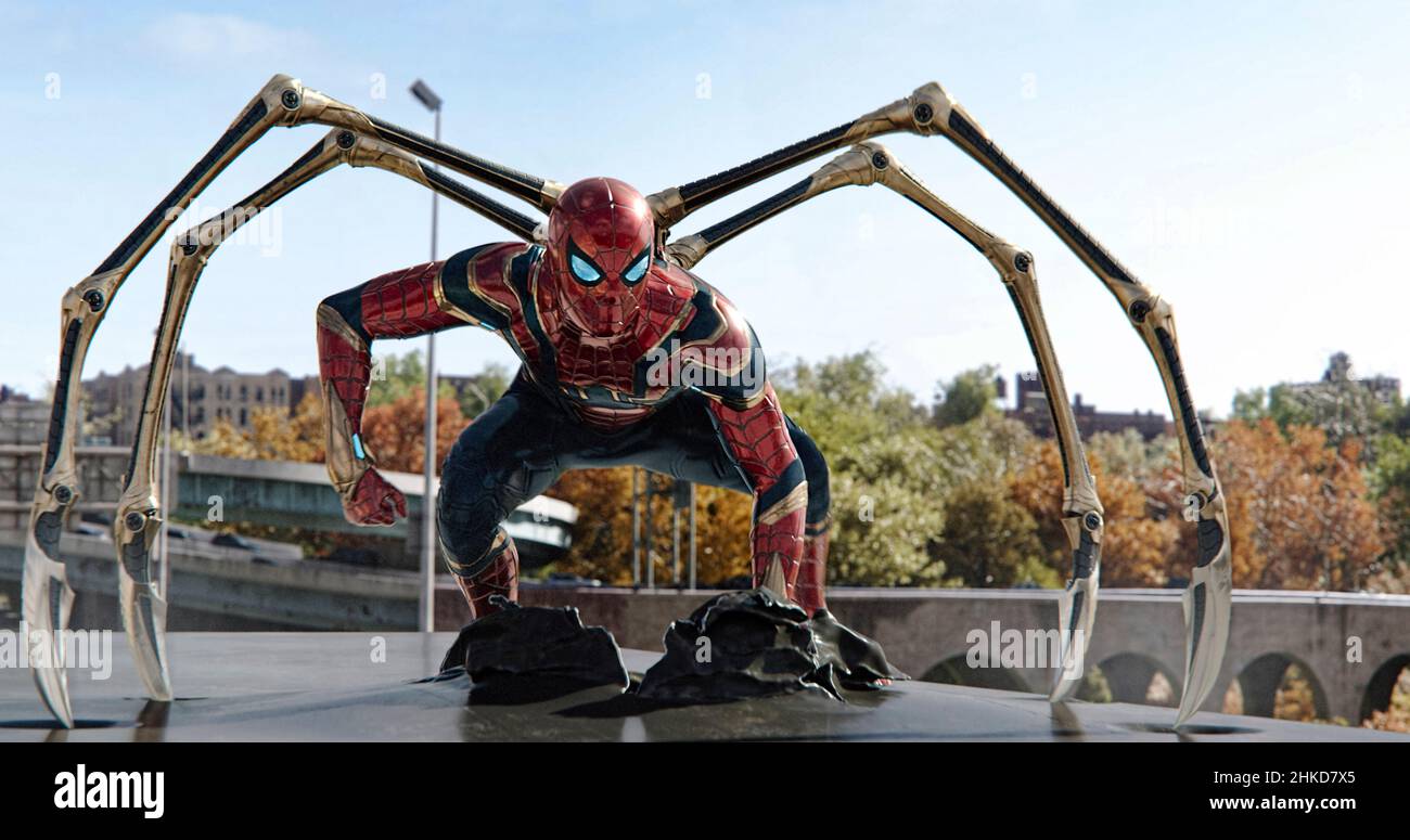 Spider-Man: No Way Home (2021) directed by Jon Watts and starring Tom Holland, Zendaya and Benedict Cumberbatch. With Spider-Man's identity now revealed, Peter asks Doctor Strange for help. When a spell goes wrong, dangerous foes from other worlds start to appear, forcing Peter to discover what it truly means to be Spider-Man. Stock Photo