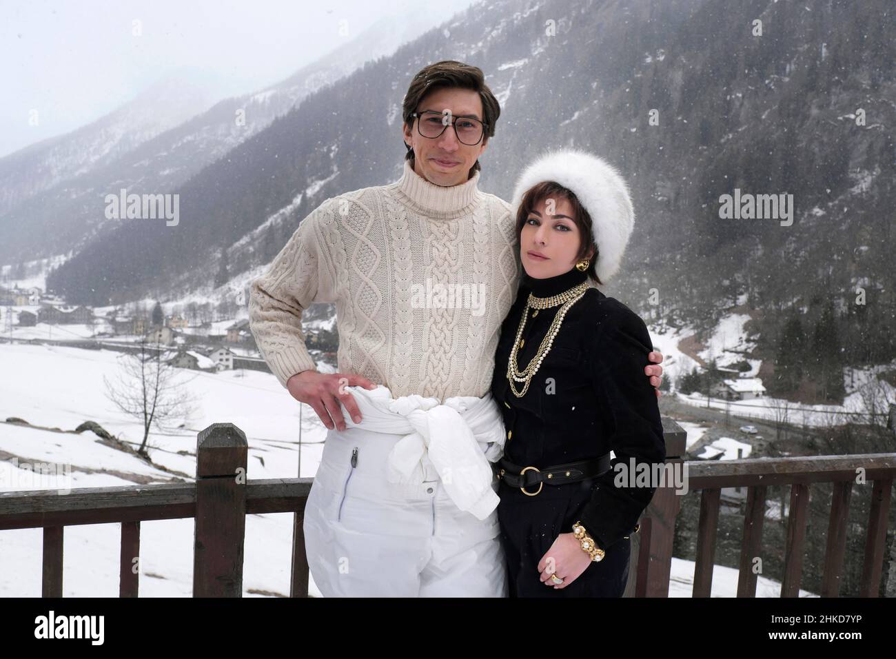 House of Gucci (2021) directed by Ridley Scott and starring Adam Driver as Maurizio Gucci and Lady Gaga as Patrizia Reggian in a crime drama inspired by the family empire behind the famous Italian fashion house. Stock Photo