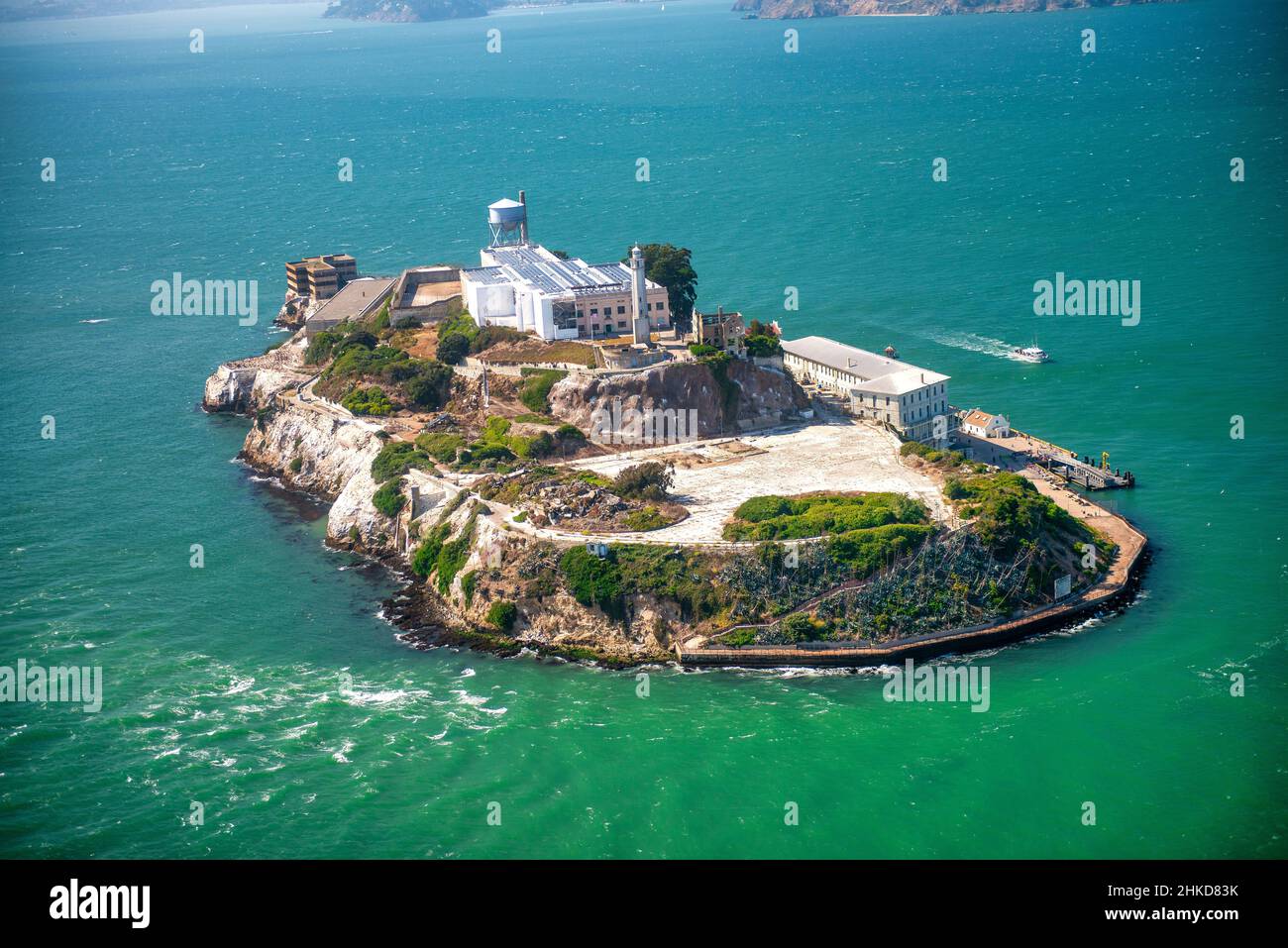 Alcatraz Island and Prison, aerial view from helicopter on a clear sunny day Stock Photo
