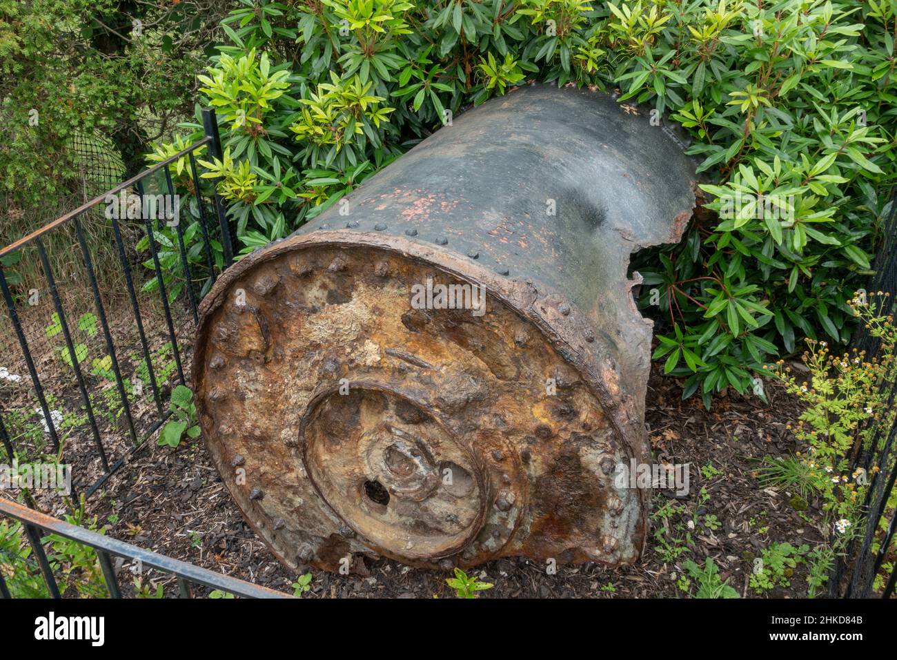 Remains of a bouncing bomb in the grounds of Petwood Hotel, home of the legendary 617 “Dambusters” Squadron in WW2, Woodhall Spa, Lincolnshire, UK. Stock Photo